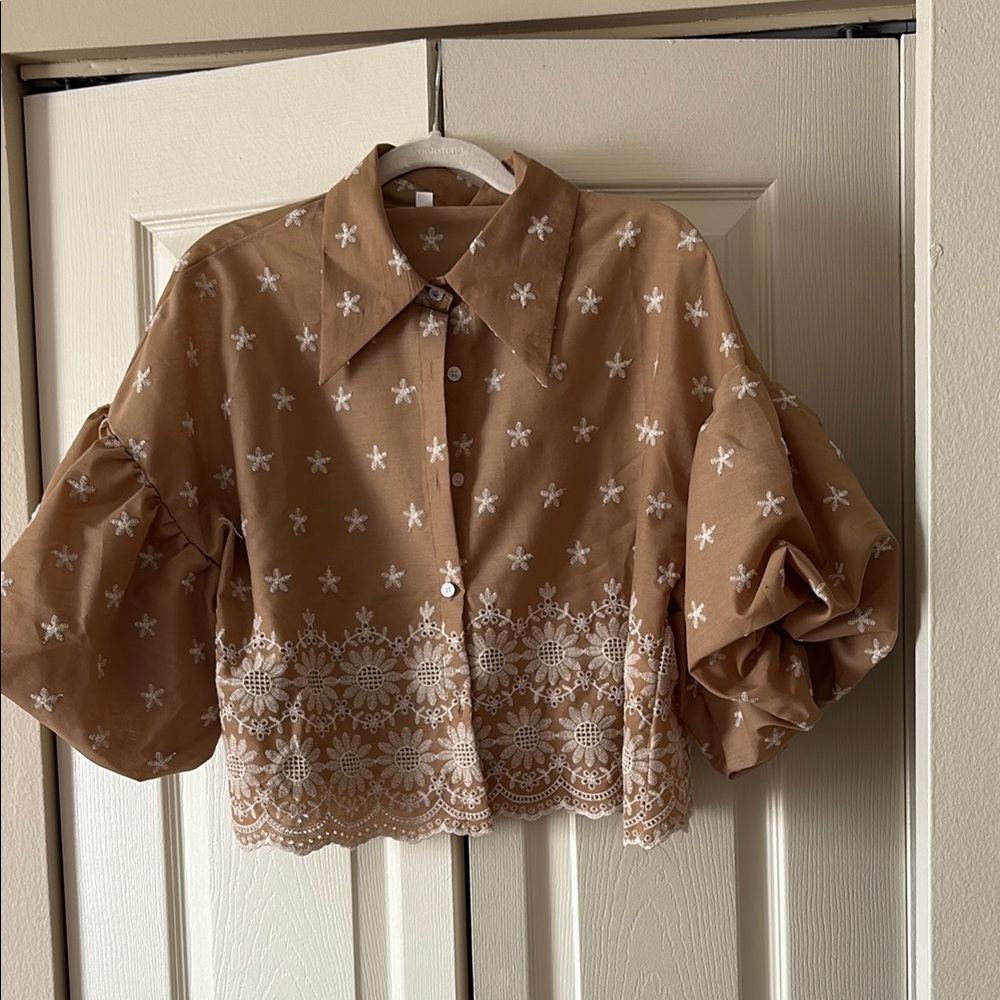 Brown Cropped Blouse with White Embroidery